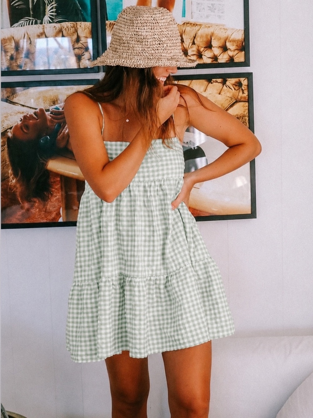 Gingham Tiered Spaghetti Strap Dress - Light Sage